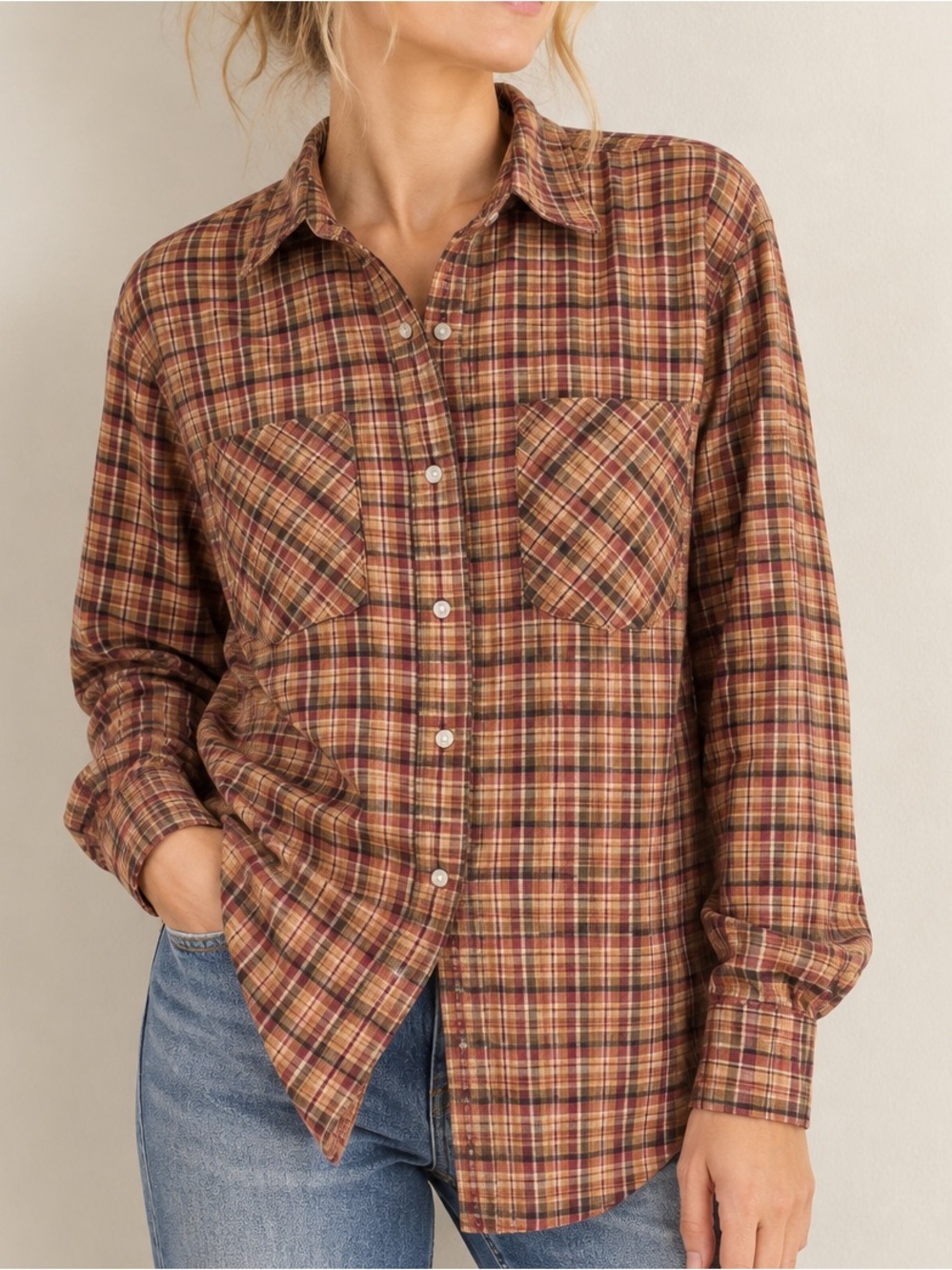 Vintage Unisex Haband Brown Autumn Plaid Snap Down Fall Flannel
